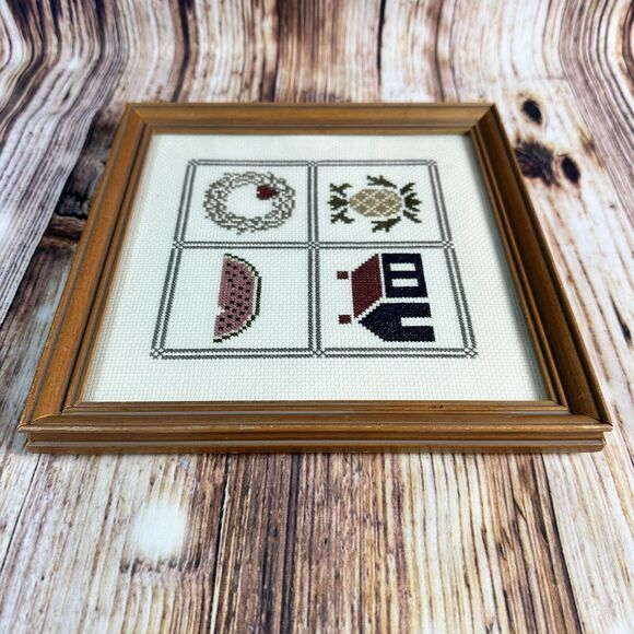 Vintage Cross Stitch Pineapple House Watermelon Heart Wreath Framed Finished 9x9 - Picture 5 of 11
